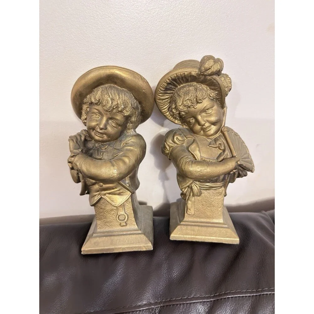 Vintage 1964 ESCO Products Chalkware Bookends Bust Set Boy & Girl E. Villanis